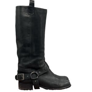 Saks Fifth Ave Harness Moto Boot SZ 40 Women's Black Leather Tall Loose Buckle